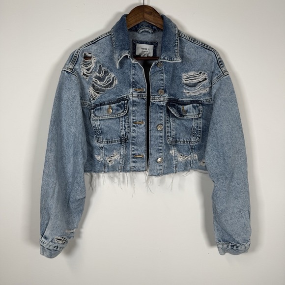 Forever 21 Jackets & Blazers - Forever 21 Women's Blue Denim Jacket Crop Distressed Medium Wash‎ Size Small